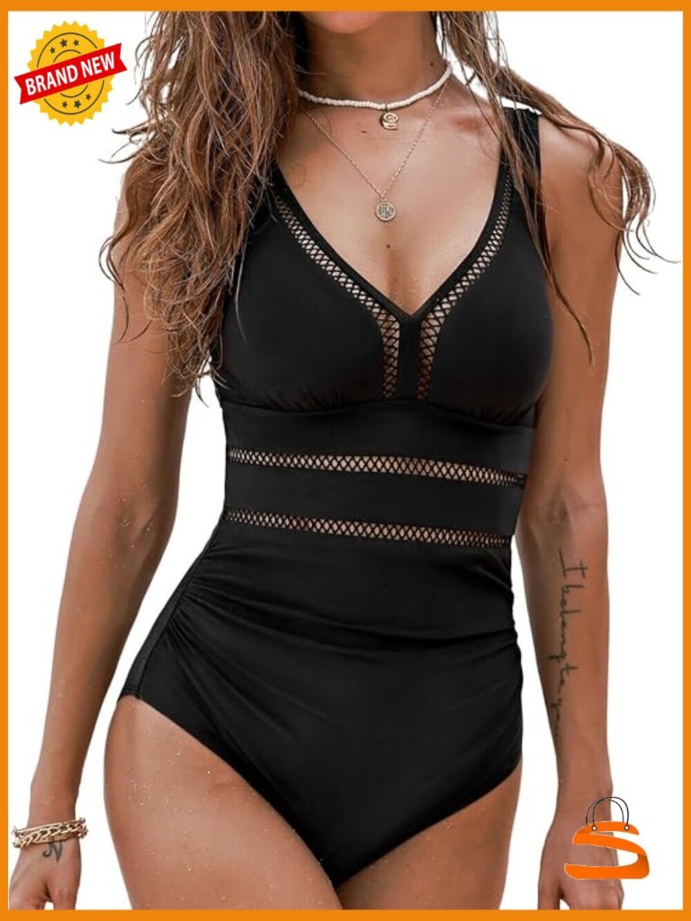 One Piece Swimsuit V Neck Adjustable Straps Ruched Mesh Back